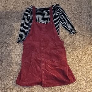 Red Corduroy Overall Dress with Pockets and Shirt